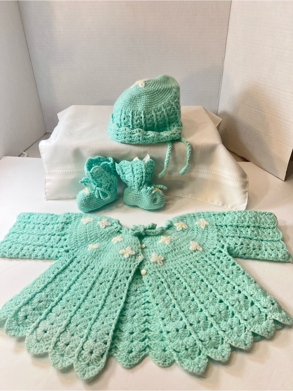 Vintage Handmade Mint Green Crochet Baby Set - Hat, Booties & Cardigan